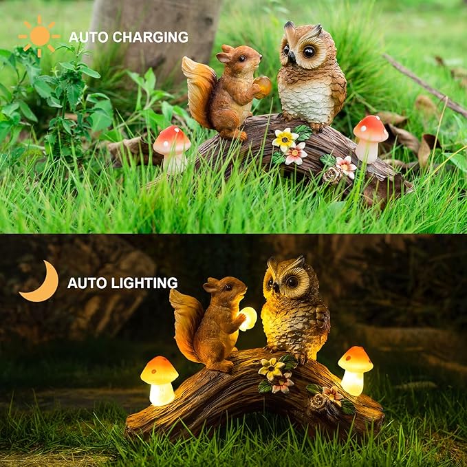 Solar Owl Garden Statues Outdoor Decor Resin Owl Squirrel Figurine with Mushroom Lights for Patio Lawn Yard Decorations Christmas Birthday Housewarming Gardening Gifts for Women Mom