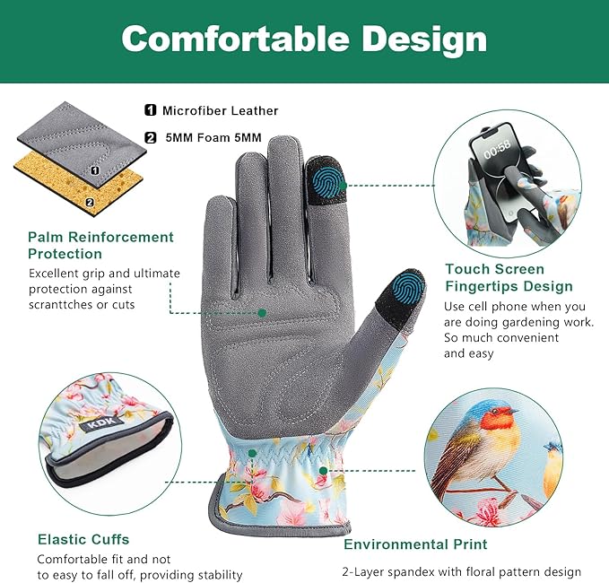 Gardening Gloves for Women, Flexible Breathable Garden Gloves, Leather Working Gloves for Weeding, Digging and Pruning (S-Birds)