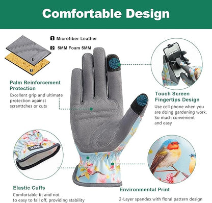Gardening Gloves for Women, Flexible Breathable Garden Gloves, Leather Working Gloves for Weeding, Digging and Pruning (S-Birds)