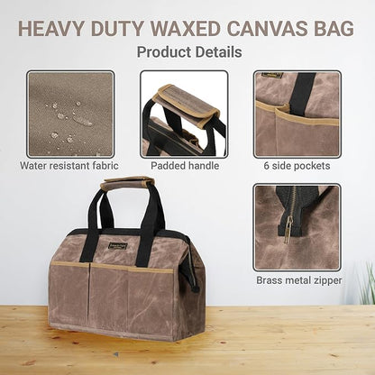 Tool Bag, 15-inch Heavy Duty 16oz Waxed Canvas Wide Mouth Water-Resistant Tool Bag, Tool Tote with Handle for Tools, Wrenches, Screwdrivers (15 X 7.8 X 11.5 inch) | Grey