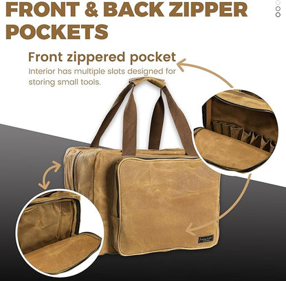 Tool Tote Bag - Large Capacity Tool Carrying Bag with 2 Zipper Pouches, Sustainable 16OZ Waxed Canvas Garden Tote for Gardening Set Hammer Fishing Gear Goggles - Khaki - 15.5"L x 7.5"W x 11.5"H