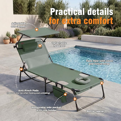Tanning Chair with Face Hole & Canopy, 28'' Extra Wide, Green | Folding Chaise Lounge Chair with 4-Position Adjustable Backrest for Beach, Pool, Patio & Camping