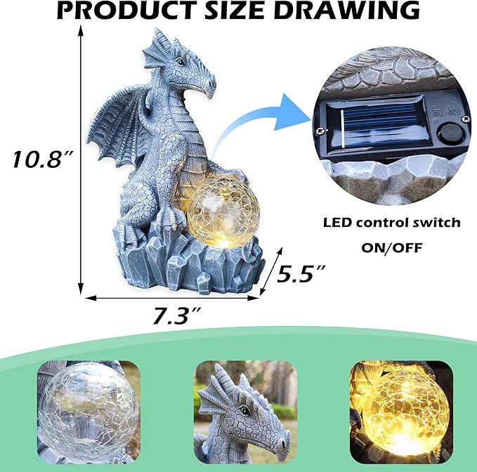 Solar Dragon Garden Statues Outdoor Decor, Resin Dragon Figurine with Solar Crackle Globe LED Lights Lawn Patio Balcony Art Decoration,Housewarming Gifts and Yard Ornament