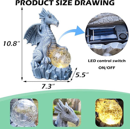 Solar Dragon Garden Statues Outdoor Decor, Resin Dragon Figurine with Solar Crackle Globe LED Lights Lawn Patio Balcony Art Decoration,Housewarming Gifts and Yard Ornament