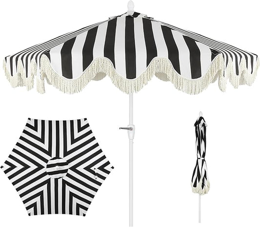 JONATHAN Y UMB1001 Collins 9 ft. Classic Cottage Tassel Market Patio Umbrella with Auto-Tilt, Crank, Wind Vent and UV Protection
