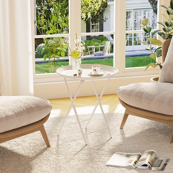 Garden 4 you Folding TV Tray Table, Metal Round Side Table, White Dinner Table with Metal Frame, Modern Outdoor Tray Table for Living Room, Bedroom, Patio & Small Spaces, 1 Pack