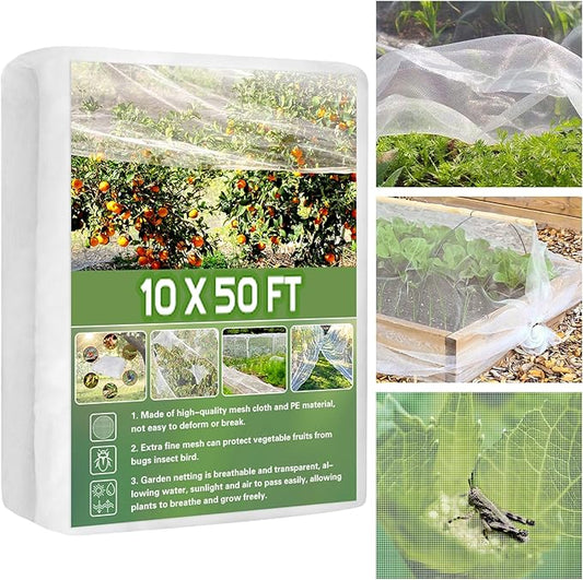 Unves Garden Netting, 10' x 50' Ultra Fine Mesh Bird Netting for Garden, Insect Mosquito Net for Patio Protection, Pests Bugs Plant Covers for Vegetable Plants Fruit Trees Berry Bushes Raised Beds
