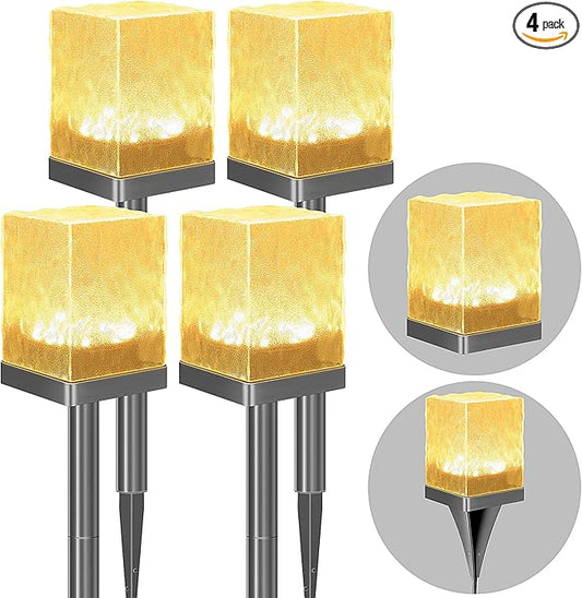 Solar Pathway Lights Outdoor, Waterproof Ground Light Featuring Crystal-Clear Ice Brick Aesthetic, Multi-use Landscape Decoration Lighting Solar Powered Garden Lawn Lamp (Warm White, 4 Pack)