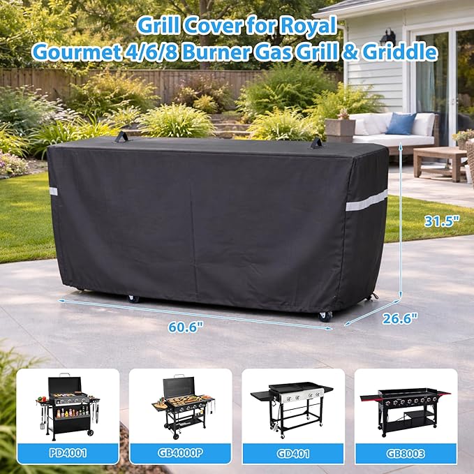 Utheer Grill Cover for Royal Gourmet 4/6/8 Burner Gas Grill & Griddle, Upgraded Full-Length Heavy-Duty 600D Waterproof Outdoor Cover, Fits PD4001/GB4000P /GD402/GB8000/GD401/GB8003/GB4001