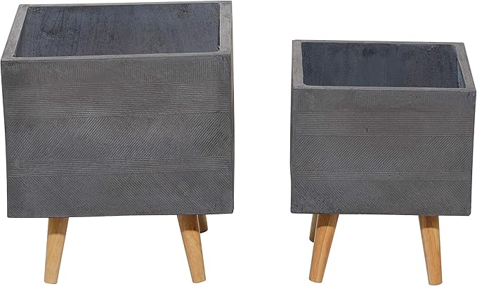 Deco 79 Set of 2 Grey Polystone Contemporary Planter 13, 15 Inches