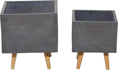Deco 79 Set of 2 Grey Polystone Contemporary Planter 13, 15 Inches