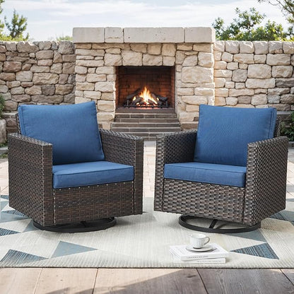 Outdoor Patio Swivel Rocker Chairs - Single Wicker Patio Swivel Rocking Chair with Waterproof Wicker,Comfortable Cushions and Sturdy Metal Frame for Outside Porch Deck Backyard(Brown/Blue/1PC)