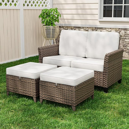 Canyon Ridge Wicker Patio Sofa with 2 Ottomans, Small Balcony Furniture, Outdoor Furniture Set, 2 Seat Loveseat, Brown/Beige