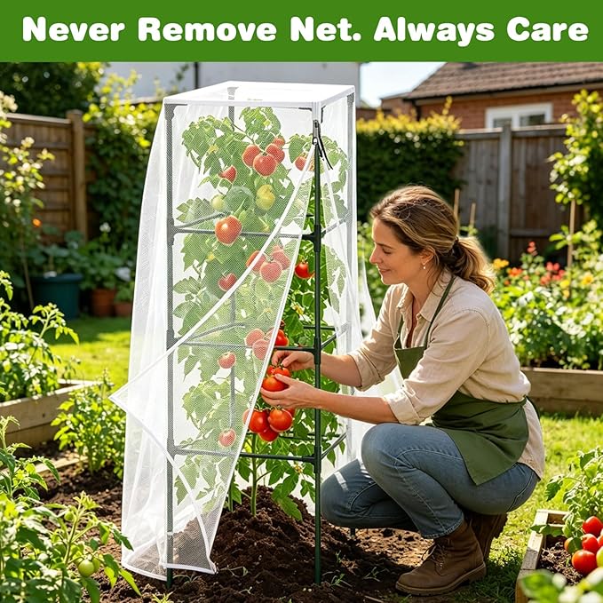 3 Pack Garden Bird Netting Plant Cover for Square Tomato Cages Protection, 59"x18" Insect Bird Barrier Garden Plant Netting Tomato Trellis Protective Cover with Zipper & Drawstring