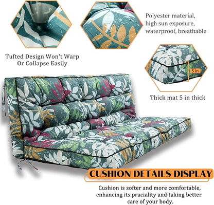 Swing Replacement Seat Cushions, 2-3 Seater Bench Cushions for Outdoor Furnitur with Backrest, Garden Recliner Seat Cushions Waterproof Sofa Pads (Green Flowers, 70.8x40in)