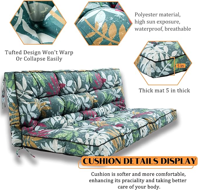 Swing Replacement Seat Cushions, 2-3 Seater Bench Cushions for Outdoor Furnitur with Backrest, Garden Recliner Seat Cushions Waterproof Sofa Pads (Green Flowers, 63x40in)