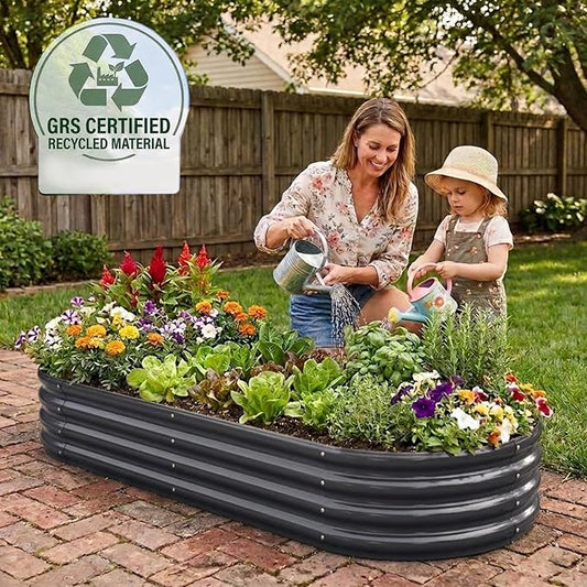 Rakukiri Raised Garden Bed GRS Certified Galvanized Planter Box Outdoor, 5ft Oval Rot-Resistant Metal Garden Bed Planter, Recycled Material Planter for Vegetables Flowers Herbs (Grey)