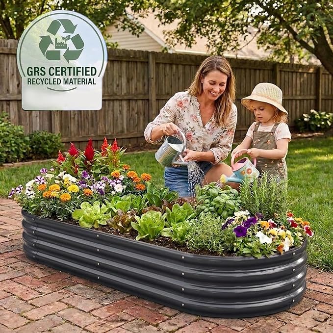 Rakukiri Raised Garden Bed GRS Certified Galvanized Planter Box Outdoor, 6.5ft Oval Rot-Resistant Metal Garden Bed Planter, Recycled Material Planter for Vegetables Flowers Herbs (Grey)