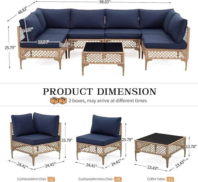 FHFO 7 Piece Outdoor Wicker Patio Furniture Set, Rattan Sectional Sofa Couch, Patio Conversation Set with Cushion & Coffee Table, for Backyard Poolside Porch Garden, Yellow/Blue
