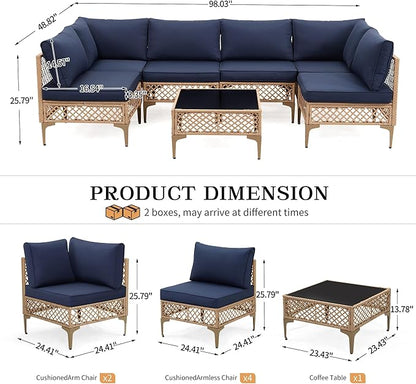 FHFO 7 Piece Outdoor Wicker Patio Furniture Set, Rattan Sectional Sofa Couch, Patio Conversation Set with Cushion & Coffee Table, for Backyard Poolside Porch Garden, Yellow/Blue