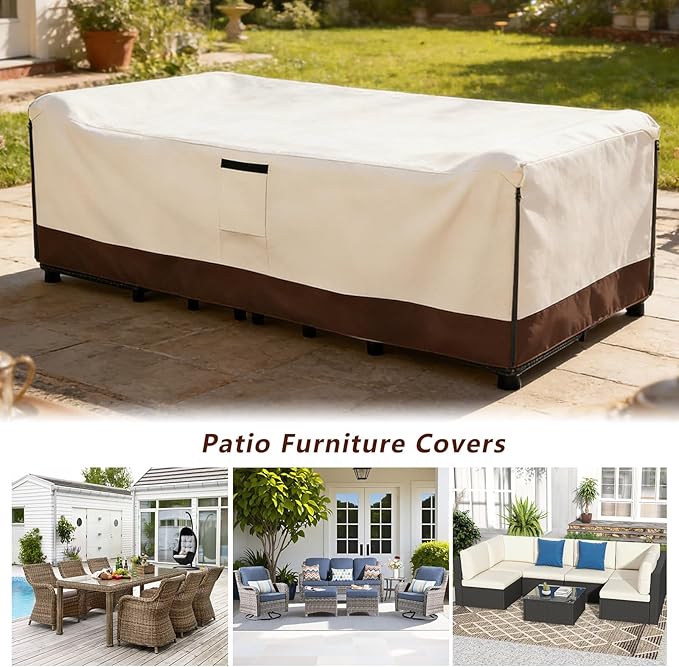 Patio Furniture Covers Waterproof,600D Heavy Duty Patio Cover for 6/7/8 PCS Sets Sectional Sofa Couch Dining Rocking Swivel Chairs Ottomans Coffee Table,126L x 63W x 28H inch Beige & Brown