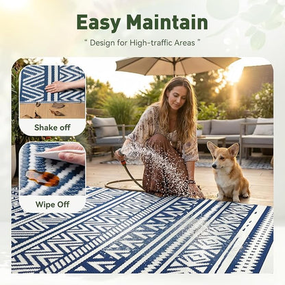 MontVoo Outdoor Rug Carpet Waterproof 6x9 Outdoor Patio Rug Mat Reverisble Plastic Straw Outdoor Rug for RV Camping Picnic Beach Balcony Boho Navy Blue