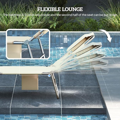 Outsunny Chaise Lounge Chair Outdoor Set of 2 w/Face Arm Hole Beige | 5-Position Reclining, Face Down, Carry Strap, Side Pocket, Portable, Folding Tanning Bed Cot, for Patio Beach Pool