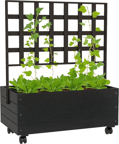 Outsunny Raised Garden Bed with Trellis and Wheels, Outdoor Wooden Elevated Planter Box, Freestanding Raised Flower Bed for Climbing Plants, Flowers, Herbs and Vegetables