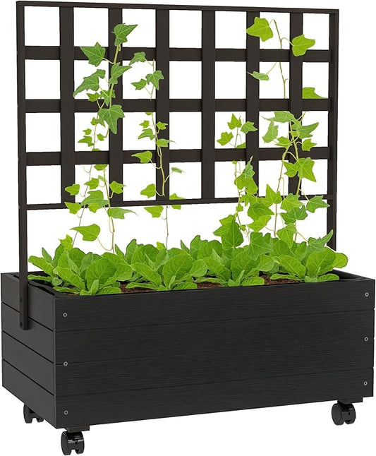 Outsunny Raised Garden Bed with Trellis and Wheels, Outdoor Wooden Elevated Planter Box, Freestanding Raised Flower Bed for Climbing Plants, Flowers, Herbs and Vegetables