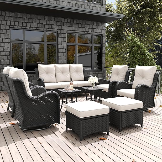 LayinSun 9 Pieces Outdoor Patio Furniture Set, Rattan Wicker Sectional Swivel Rocker Chairs Sets with Ottomans, Swivel Glider Chairs,Single Chairs and Coffee Table