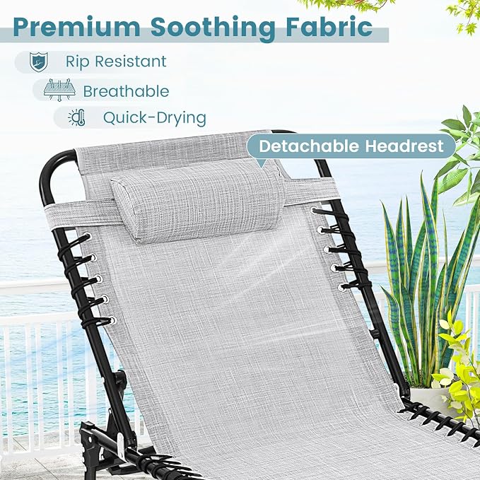 Goplus Chaise Lounge Chair Outdoor, Folding 5-Postion Beach Lounge Chair with Detachable Pillow, Side Pocket, Sunbathing Lounge Chair, Adjustable Tanning Chair for Patio Lawn Pool Yard