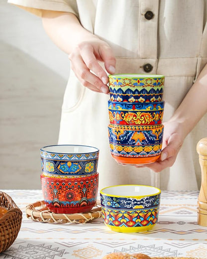 vancasso Ramekins 6 oz Oven Safe, Bohemian Style Creme Brulee Ramekin Set of 6, Porcelain Souffle Dishes Pudding Custard Cups for Baking Ramiken Bowls for Ice Cream