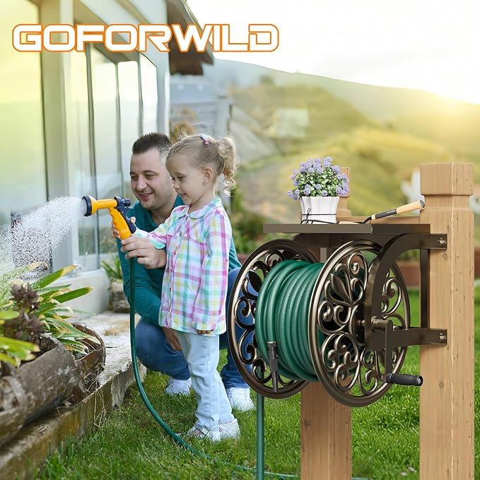 GOFORWILD Garden Wall Mount Hose Reel, Decorative Hose Reel, Garden Heavy-Duty Water Hose Holder Winder, Holds 200-Feet of 5/8-Inch Hose