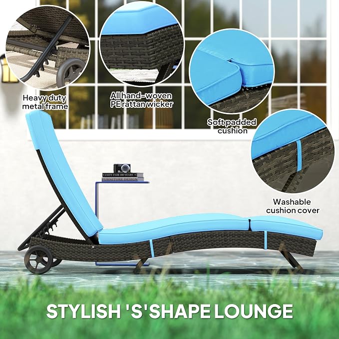 Outsunny Wicker Chaise Lounge Chair Outdoor with Wheels & Cushion, PE Rattan Patio Lounge Chair with 5-Level Adjustable Backrest for Poolside, Garden, Sky Blue
