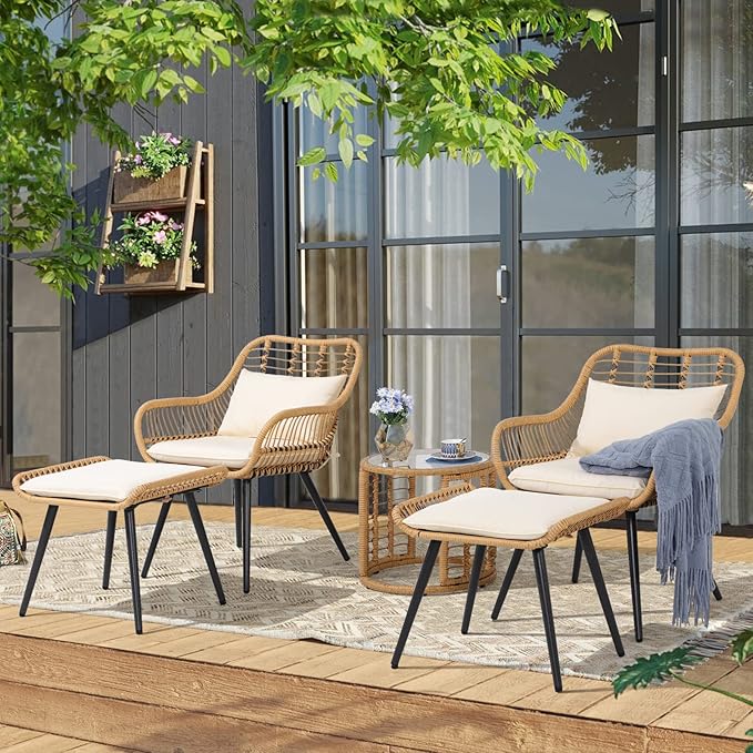 JOIVI 5 Piece Wicker Patio Furniture Set, Rattan Outdoor Bistro Set with 2 Ottomans and Coffee Side Table, Small Patio Conversation Set for Balcony, Front Porch, Garden, Backyard, Creamy White
