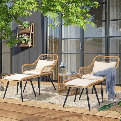 JOIVI 5 Piece Wicker Patio Furniture Set, Rattan Outdoor Bistro Set with 2 Ottomans and Coffee Side Table, Small Patio Conversation Set for Balcony, Front Porch, Garden, Backyard, Creamy White