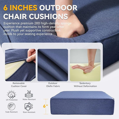 Outdoor Cushion Set for Furniture Patio Furniture, UV Resistant, Water Resistant - 6 Inch Thick Foam Garden Cushions– 22x24 Inch Patio Seat Covers for Chair/Sofa/Couch | Blue | 3-Pack |