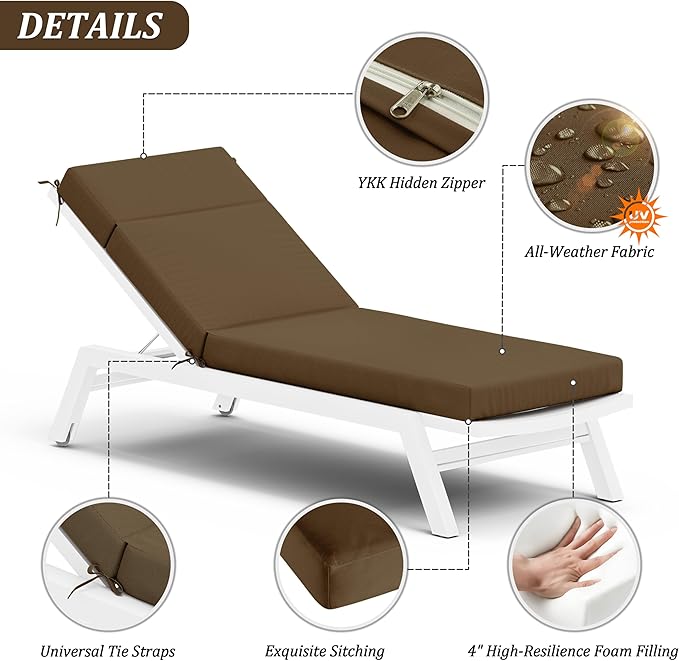 Chaise Lounge Cushion for Outdoor Furniture, Waterproof Fade and Tear Resistant Lounge Deck Chair Cushions for Patio Lawn Pool Resort Hotel