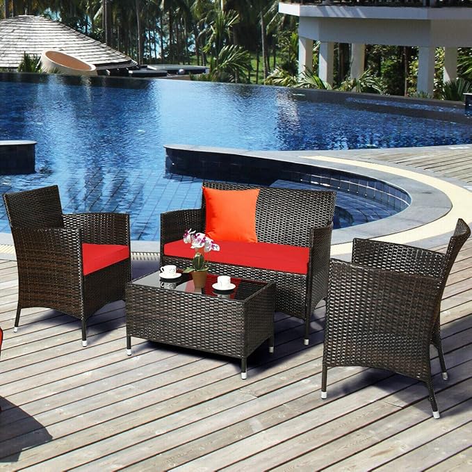 HAPPYGRILL 4PCS Patio Furniture Set Outdoor Rattan Wicker Conversation Set with Cushioned Sofa and Coffee Table for Porch Backyard Garden Poolside