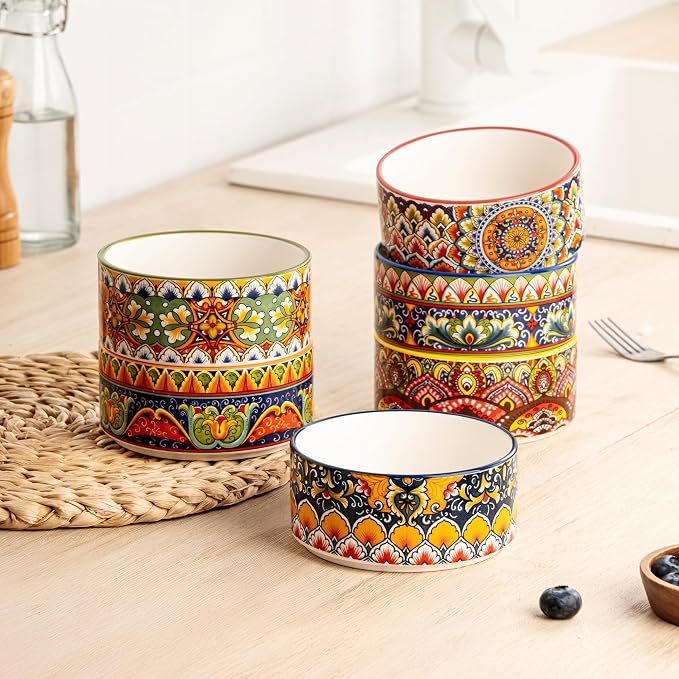 Henten Home Ceramic Ramekins Set Oven Safe, Colorful Souffle Ramekins Set of 6, Boho Baking Cups for Pudding, Cake, Ice Cream, Snack, Creme Brulee, Microwave & Dishwasher Safe (6 oz)