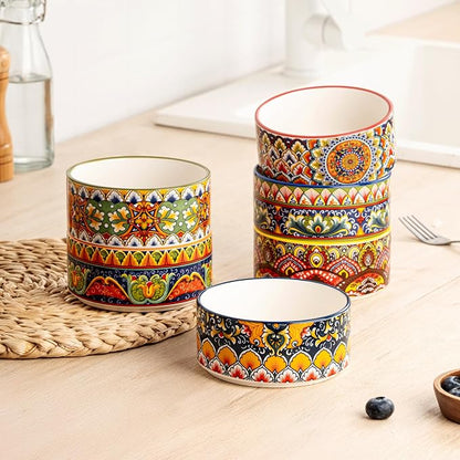 Henten Home Ceramic Ramekins Set Oven Safe, Colorful Souffle Ramekins Set of 6, Boho Baking Cups for Pudding, Cake, Ice Cream, Snack, Creme Brulee, Microwave & Dishwasher Safe (6 oz)