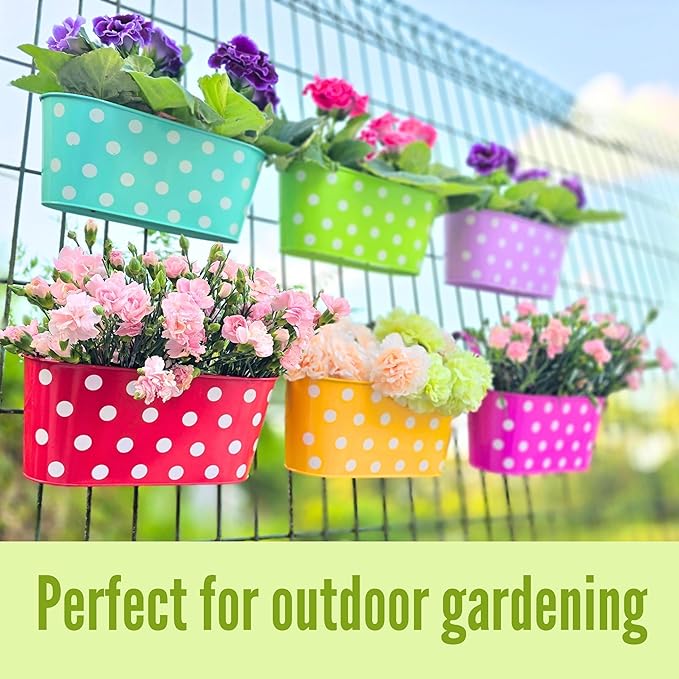 LaLaGreen Outdoor Hanging Planter (11.2 Inch, 6 Pack) Light Purple, Green, Yellow, Cadet Blue, Dark Pink, Red Metal Iron Colorful Window Boxes Polka Dot Flower Pot Deck Railings Fence Rail Porch Decor