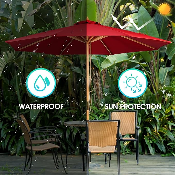 9FT Table Patio Outdoor Umbrella Market Round Umbrella with Pulley Lift Windproof & Waterproof, 8 Ribs with Polyester Cover for Garden, Deck, Pool, lawn, Backyard