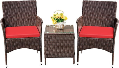 Devoko Patio Porch Furniture Sets 3 Pieces PE Rattan Wicker Chairs with Table Outdoor Garden Furniture Sets (Brown/Red)
