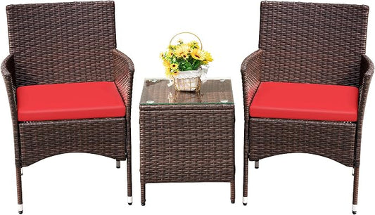 Devoko Patio Porch Furniture Sets 3 Pieces PE Rattan Wicker Chairs with Table Outdoor Garden Furniture Sets (Brown/Red)