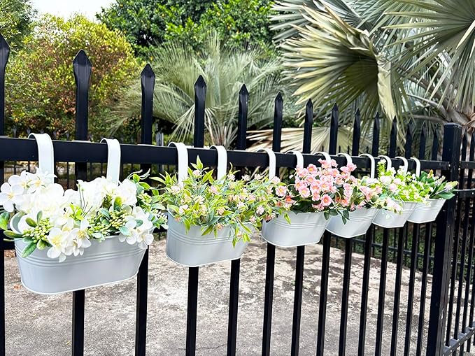 12" Balcony Railing Planters, Outdoor Hanging Planter for Fence, Stylish Metal Porch Deck Flower Pot for Herbs & Succulents (White, Pack of 8)