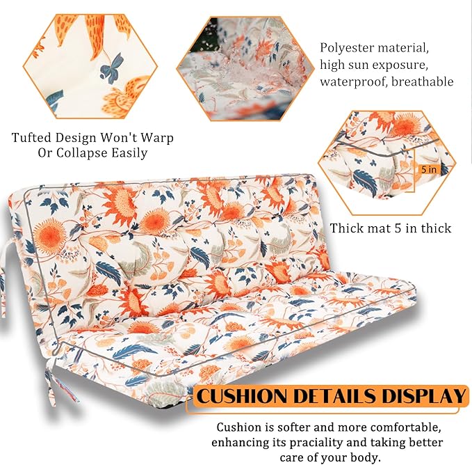 Swing Replacement Seat Cushions, 2-3 Seater Bench Cushions for Outdoor Furnitur with Backrest, Garden Recliner Seat Cushions Waterproof Sofa Pads (Spring Warmth, 63x40in)