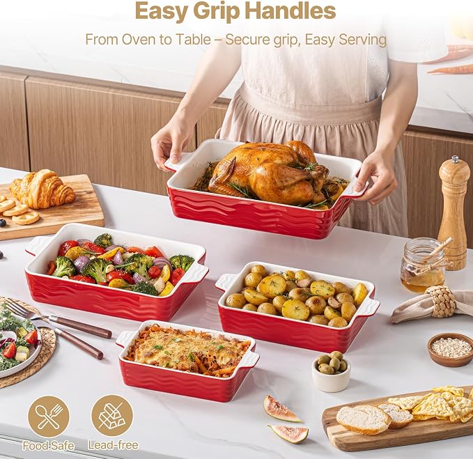 Estmoon Ceramic Baking Dishes Set of 4, Porcelain Baking Pans Set for Oven, Oven Safe and Durable Bakeware Sets Rectangular Ceramic Cookware Set with Handles for Wedding Gift,Red(7.5''/9"/10.6"/12")