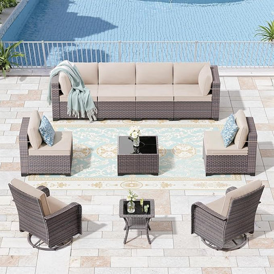10 Pieces Outdoor Patio Furniture Set with Swivel Rocking Chairs, PE Wicker Rattan Outdoor Sectional Patio Set, Outdoor Patio Conversation Set, Khaki