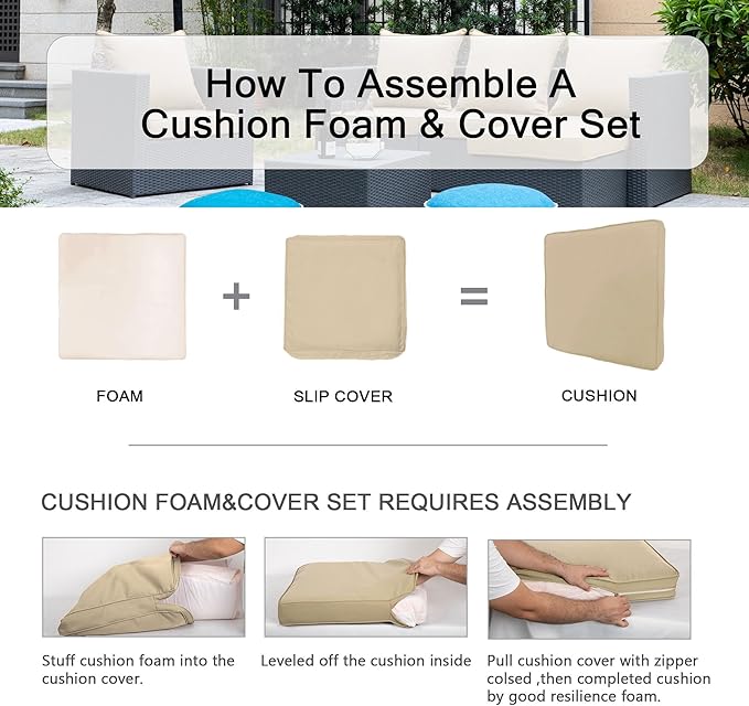ARTPLAN Deep Seat Cushion with Backrest Set of 2 - All-Weather Outdoor Sofa Cushions for Sectionals-Polyester Fabric, Waterproof-High-Resilience Foam for Patio, Backyard Garden,Beige